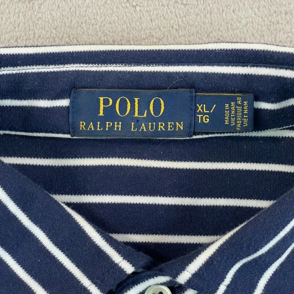 Polo Ralph Lauren Polo Shirt Men XL‎ Navy Blue Striped White Pony Preppy Cotton